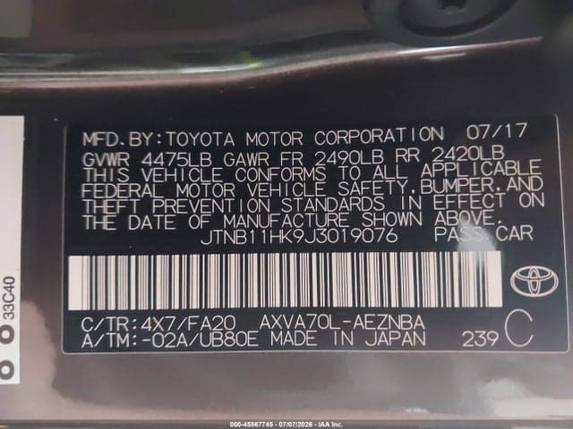 2018 TOYOTA CAMRY LE 9