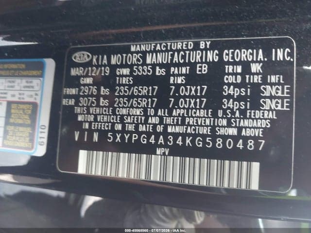 2019 KIA SORENTO 2.4L L 9