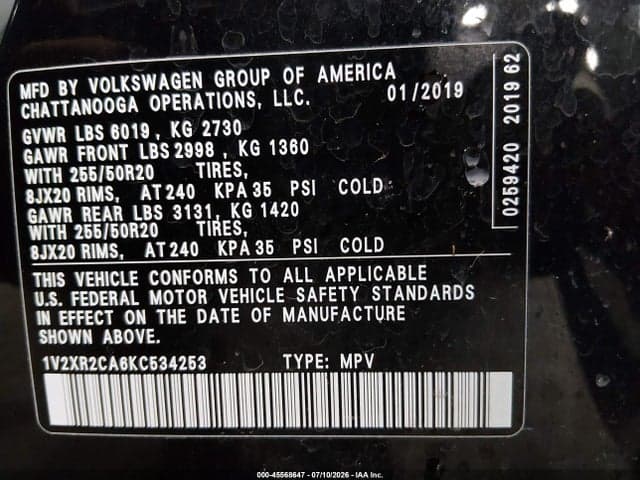 2019 VOLKSWAGEN ATLAS 3.6L V6 SE W/TECHNOLOGY R-LINE 9