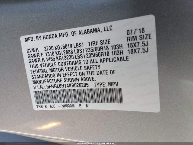 2019 HONDA ODYSSEY EX-L 9