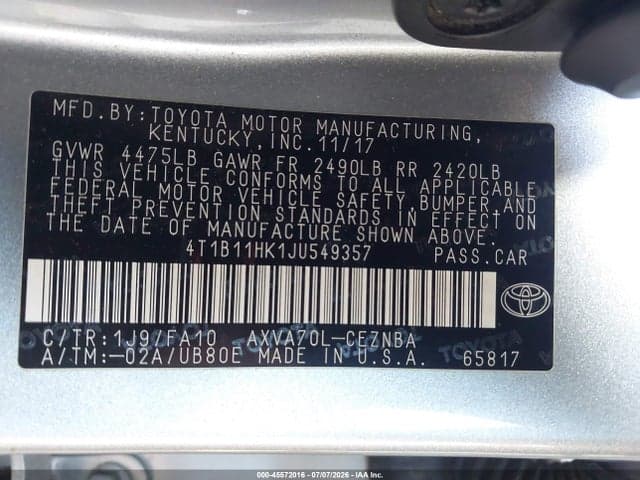 2018 TOYOTA CAMRY LE 9