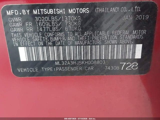 2019 MITSUBISHI MIRAGE ES/RF 9