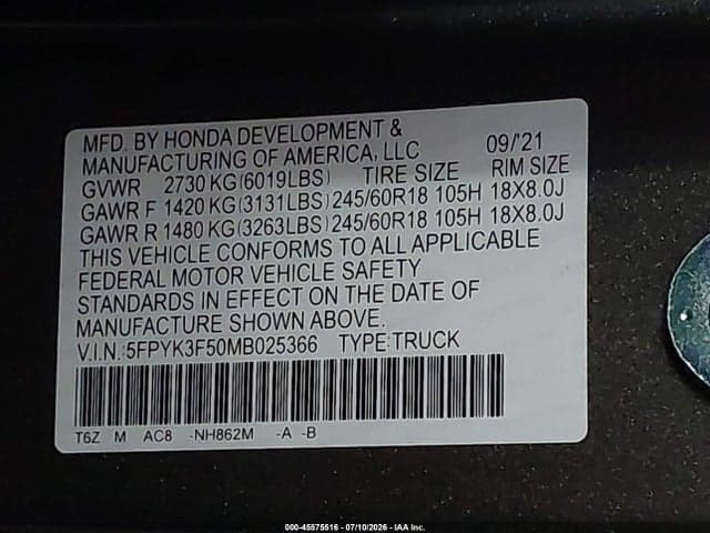2021 HONDA RIDGELINE AWD RTL 9