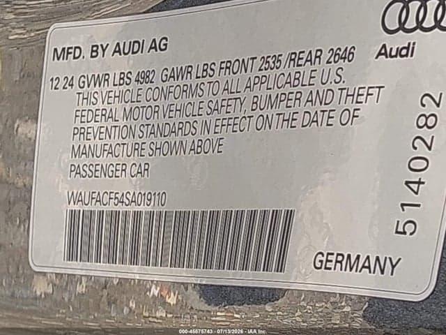 2025 AUDI A5 SPORTBACK PREMIUM PLUS 45 TFSI S LINE QUATTRO S TRONIC 9