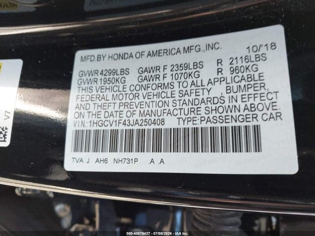 2018 HONDA ACCORD EX 9