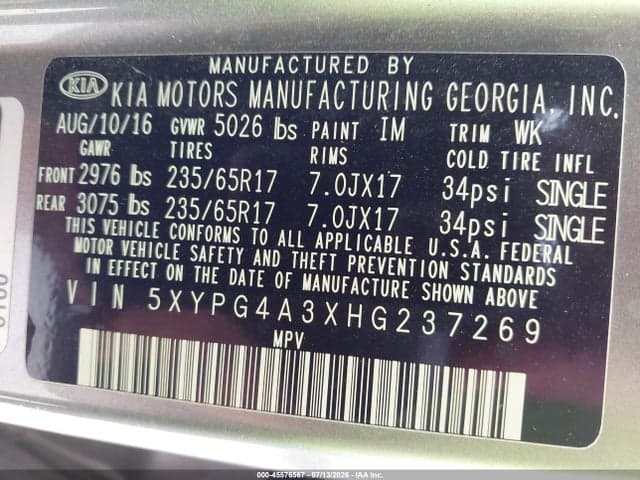 2017 KIA SORENTO 2.4L L 9