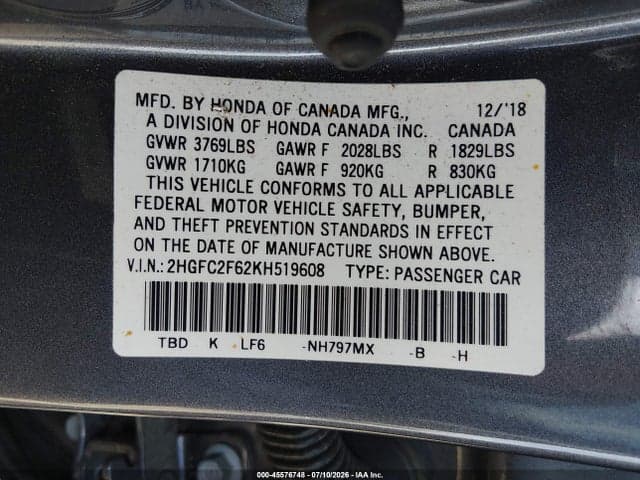 2019 HONDA CIVIC LX 9