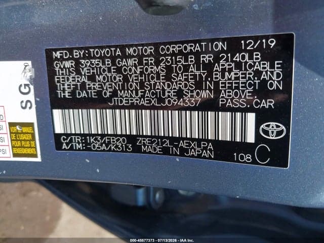 2020 TOYOTA COROLLA LE 9