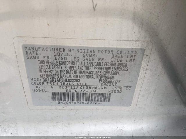 2017 NISSAN VERSA 1.6 S+ 9