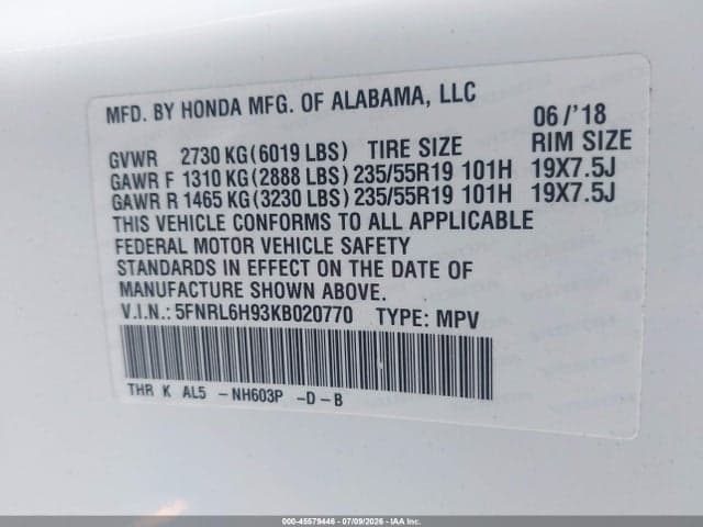 2019 HONDA ODYSSEY ELITE 9