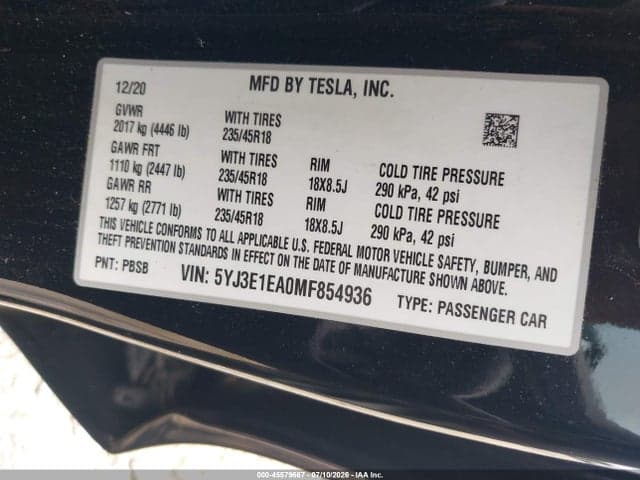 2021 TESLA MODEL 3 STANDARD RANGE PLUS REAR-WHEEL DRIVE 9