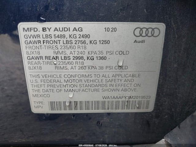 2021 AUDI Q5 PREMIUM 45 TFSI QUATTRO S TRONIC 9