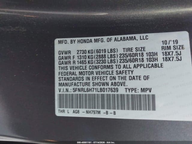 2020 HONDA ODYSSEY EX-L/EX-L W/NAVI RES 9