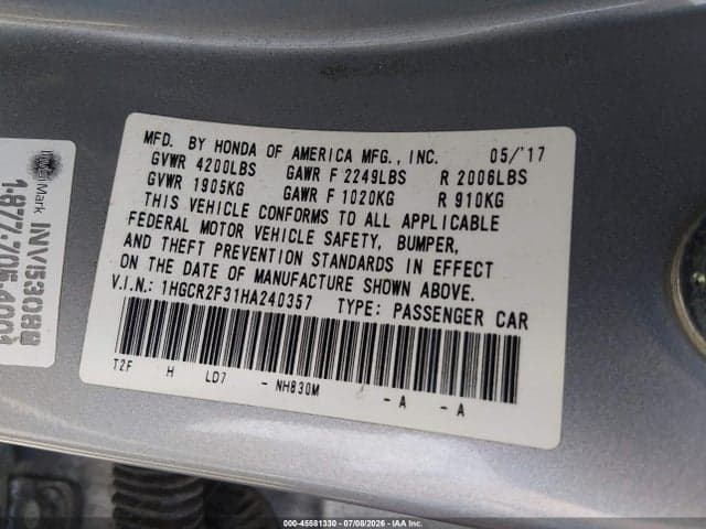 2017 HONDA ACCORD LX 9