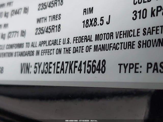 2019 TESLA MODEL 3 LONG RANGE/MID RANGE/STANDARD RANGE/STANDARD RANGE PLUS 9