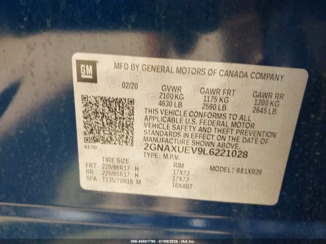 2020 CHEVROLET EQUINOX AWD LT 1.5L TURBO 9
