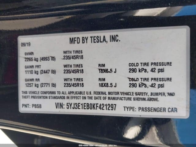 2019 TESLA MODEL 3 LONG RANGE/PERFORMANCE 9