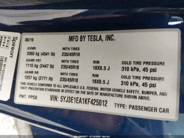 2019 TESLA MODEL 3 LONG RANGE/MID RANGE/STANDARD RANGE/STANDARD RANGE PLUS 9