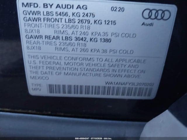 2020 AUDI Q5 PREMIUM 45 TFSI QUATTRO S TRONIC 9