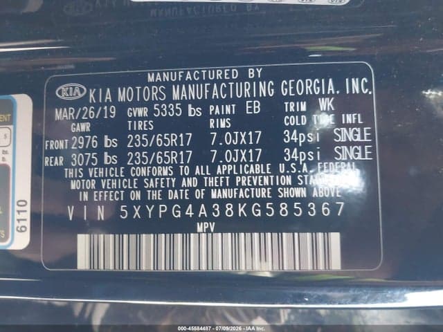2019 KIA SORENTO 2.4L L 9