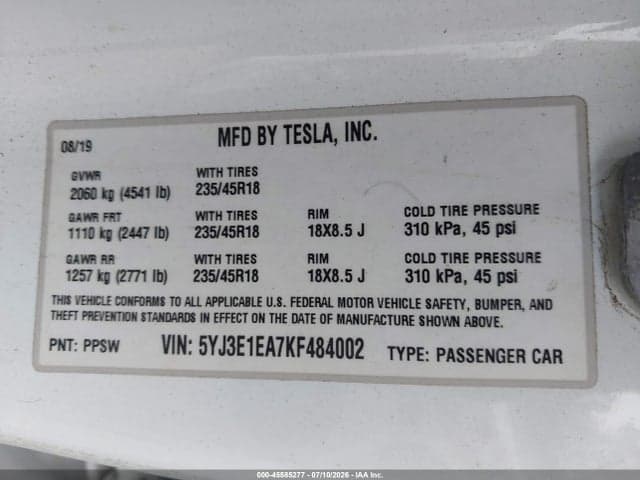2019 TESLA MODEL 3 LONG RANGE/MID RANGE/STANDARD RANGE/STANDARD RANGE PLUS 9