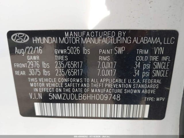 2017 HYUNDAI SANTA FE SPORT 2.4L 9