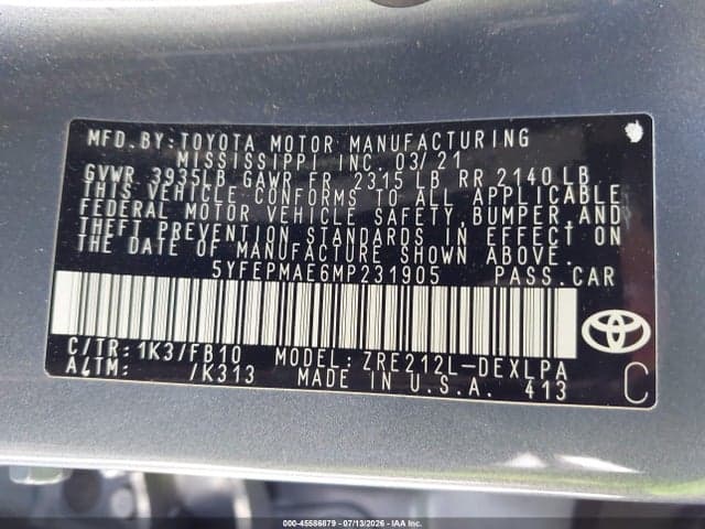 2021 TOYOTA COROLLA LE 9