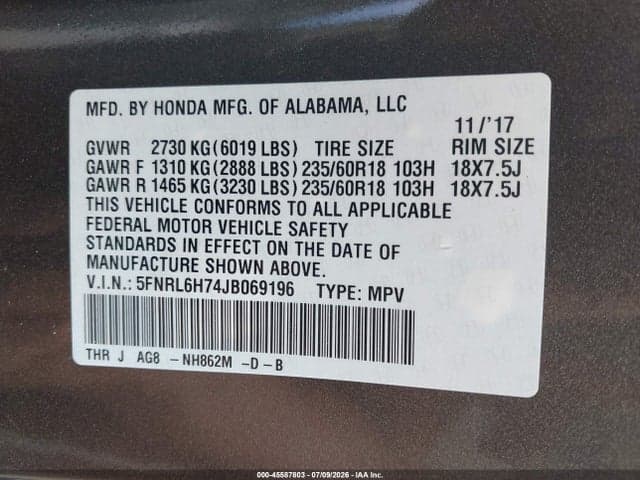 2018 HONDA ODYSSEY EX-L 9