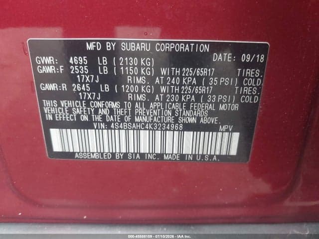 2019 SUBARU OUTBACK 2.5I PREMIUM 9