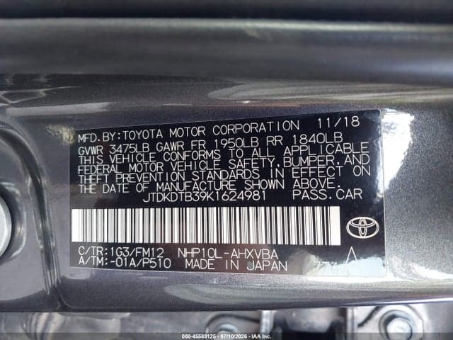 2019 TOYOTA PRIUS C L 9