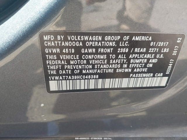 2017 VOLKSWAGEN PASSAT 1.8T S 9