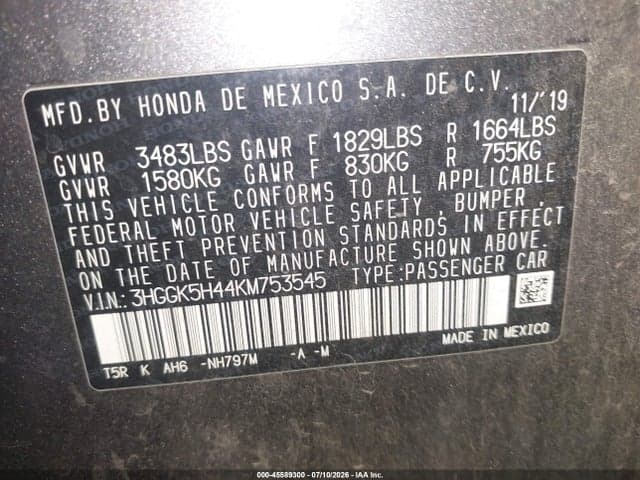 2019 HONDA FIT LX 9