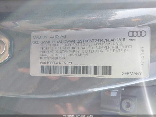 2020 AUDI A3 PREMIUM 45 TFSI S LINE QUATTRO S TRONIC 9