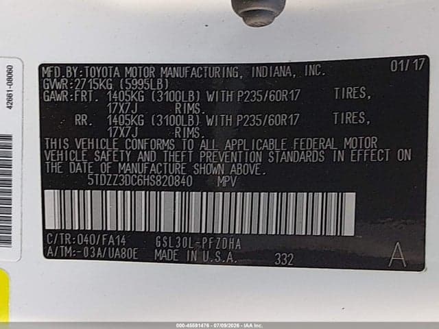 2017 TOYOTA SIENNA L 7 PASSENGER 9