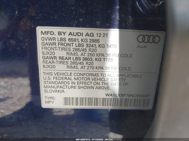 2022 AUDI Q7 PREMIUM PLUS 55 TFSI QUATTRO TIPTRONIC 9
