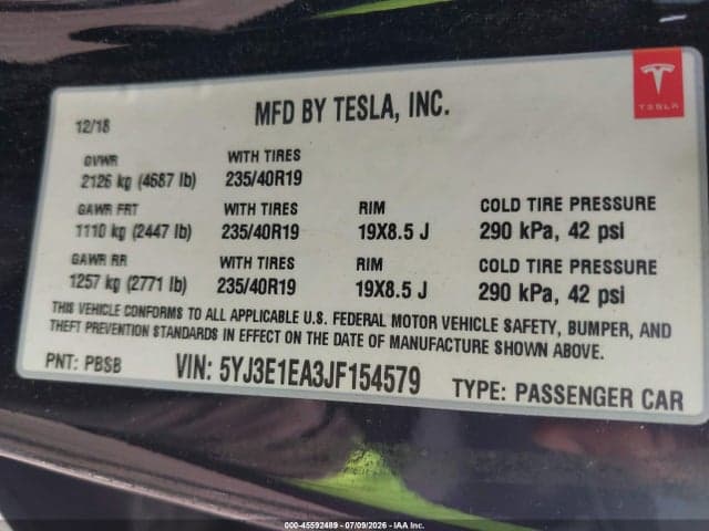 2018 TESLA MODEL 3 LONG RANGE/MID RANGE 9