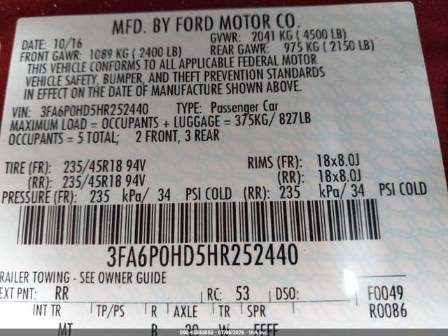2017 FORD FUSION SE 9
