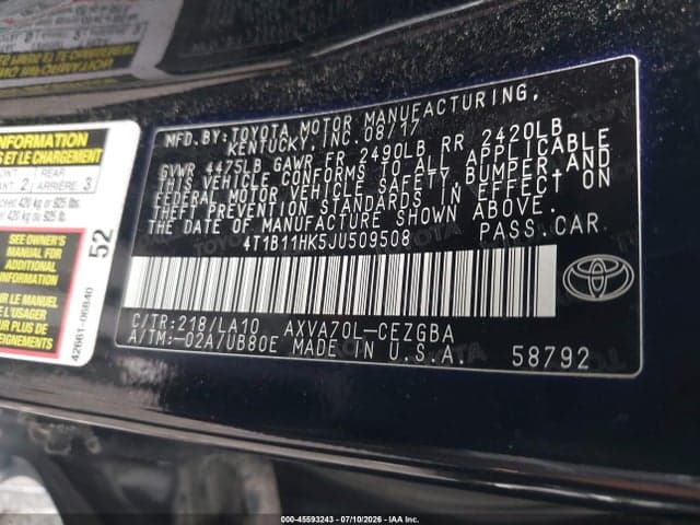 2018 TOYOTA CAMRY XLE 9