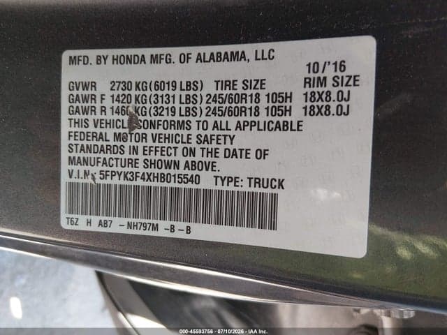 2017 HONDA RIDGELINE RTS 9