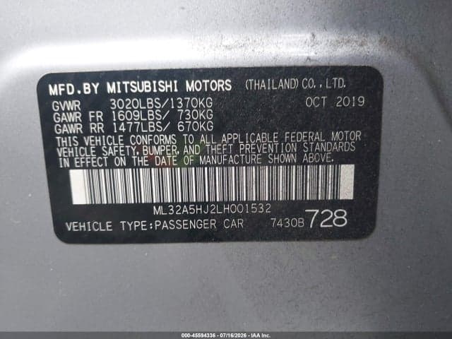 2020 MITSUBISHI MIRAGE LE 9