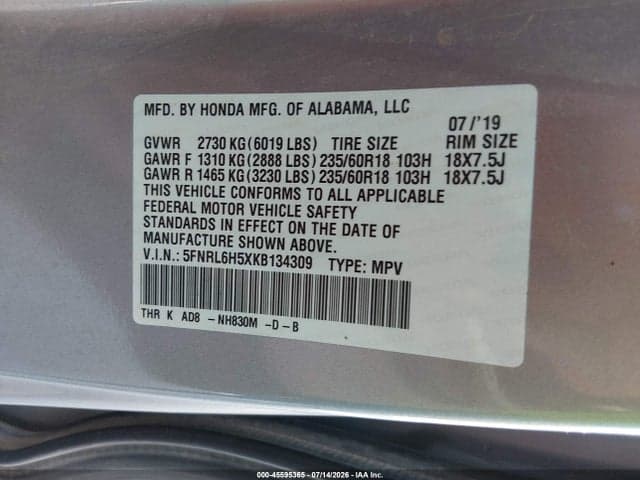 2019 HONDA ODYSSEY EX 9
