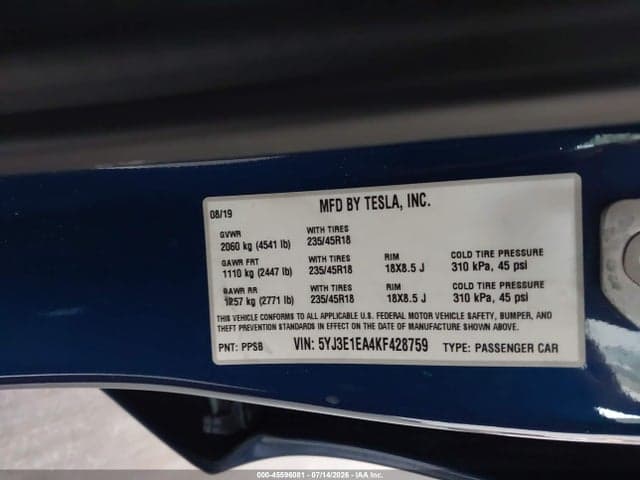 2019 TESLA MODEL 3 LONG RANGE/MID RANGE/STANDARD RANGE/STANDARD RANGE PLUS 9