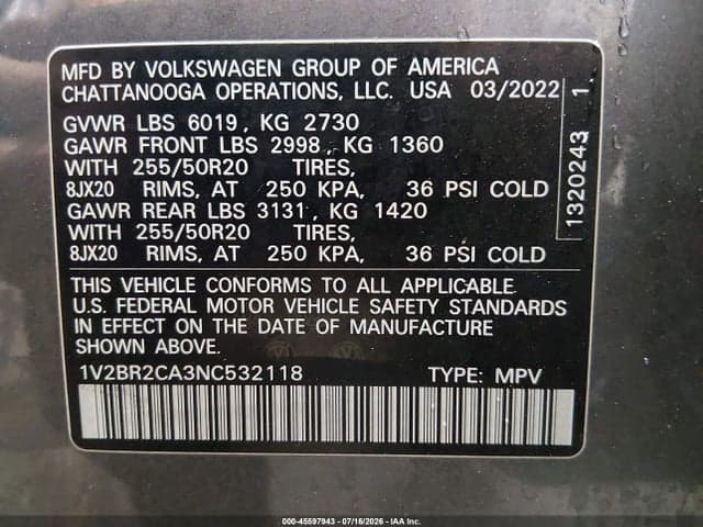 2022 VOLKSWAGEN ATLAS 3.6L V6 SEL 9