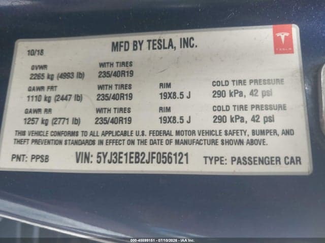 2018 TESLA MODEL 3 LONG RANGE/PERFORMANCE 9
