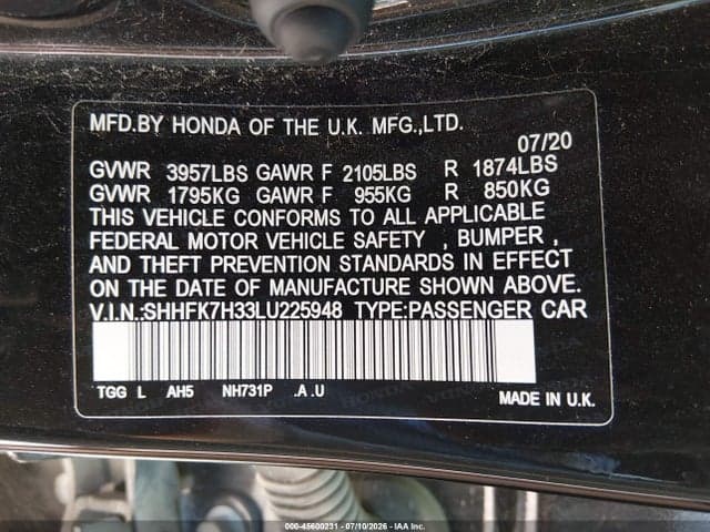 2020 HONDA CIVIC LX 9