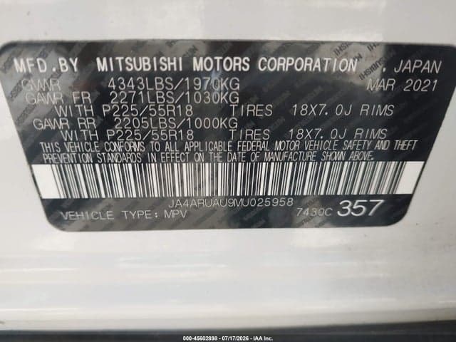 2021 MITSUBISHI OUTLANDER SPORT 2.0 BE AWC/2.0 ES AWC/2.0 LE AWC/2.0 SE AWC 9
