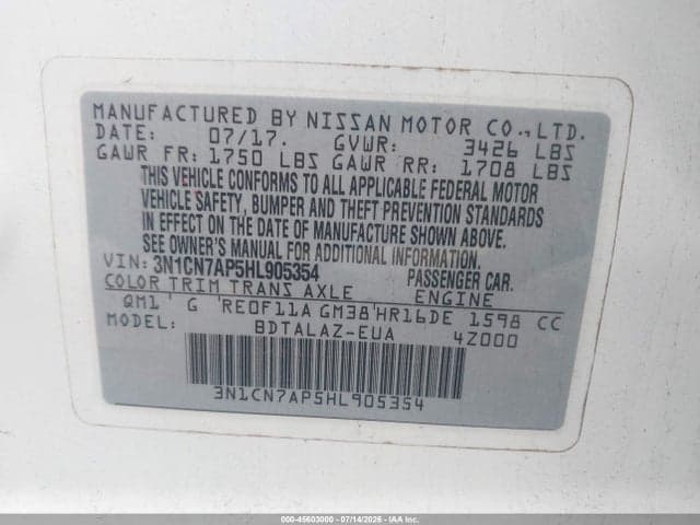 2017 NISSAN VERSA 1.6 S+ 9