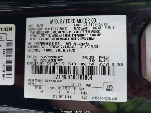2019 FORD MUSTANG ECOBOOST PREMIUM 9