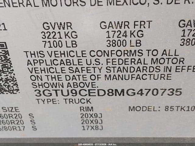 2021 GMC SIERRA 1500 4WD SHORT BOX ELEVATION 9