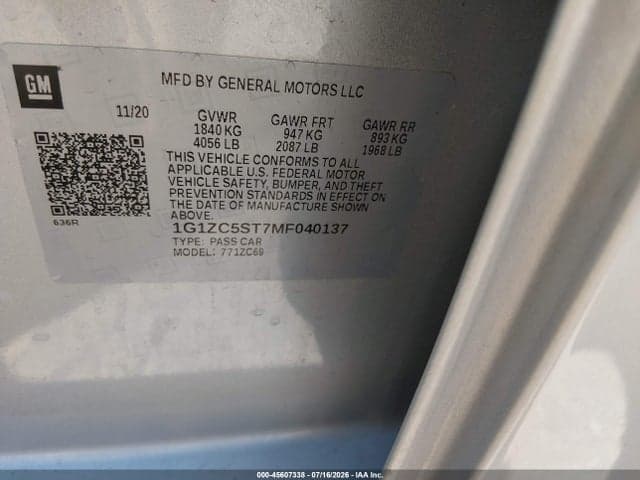 2021 CHEVROLET MALIBU FWD 1FL 9